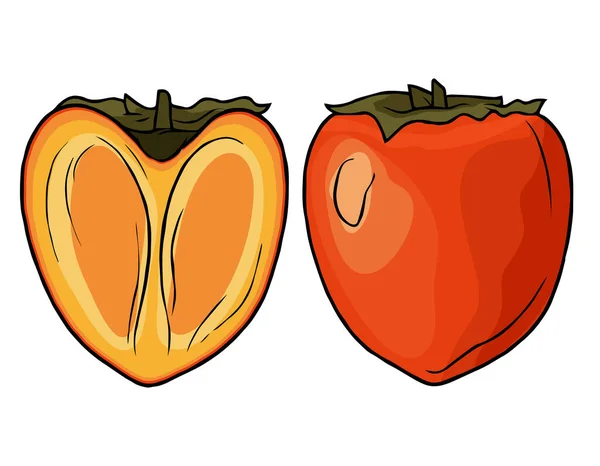 Persimmon Deliciosa Fruta Oriental Fruta Laranja Brilhante Estilo Desenho Animado — Vetor de Stock