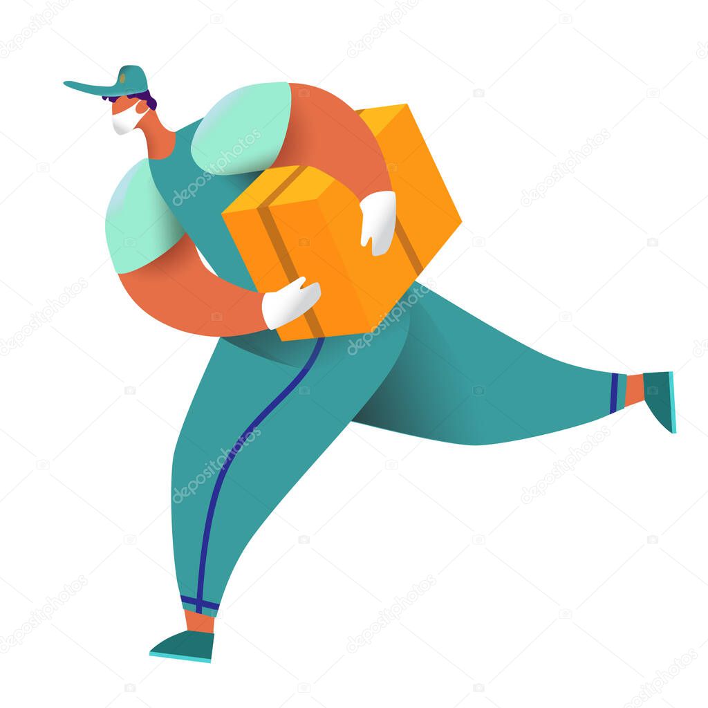 A courier in a mask and gloves. Secure delivery of parcels and other items. A man runs to deliver a large box. Runs around with a box. Vector illustration isolated on a white background.