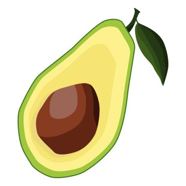 Avokado. Ağacın koyu yeşil meyvesi büyük kahverengi bir taşla armut şeklindedir. Tasarım ve web için beyaz bir arkaplanda izole edilmiş vektör illüstrasyonu.