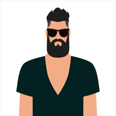 Hippi. Sakallı bir adam güneş gözlüğü. Güzel saç kesimi. Modern ve modaya uygun bir görüntü. Tasarım ve web için beyaz bir arkaplanda izole edilmiş vektör illüstrasyonu.