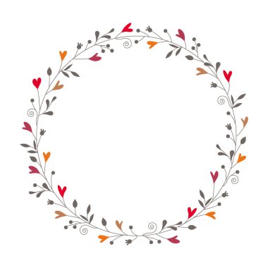 Üzerinde böğürtlen ve kalp filizleri olan bir çerçeve. Bitkiler ve aşk yuvarlak bir çerçeveye dizilmiştir. Tasarım ve web için beyaz bir arkaplanda izole edilmiş vektör illüstrasyonu.