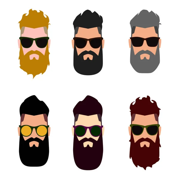 Définissez Des Hipsters Têtes Hommes Lunettes Soleil Coupes Cheveux Barbes — Image vectorielle