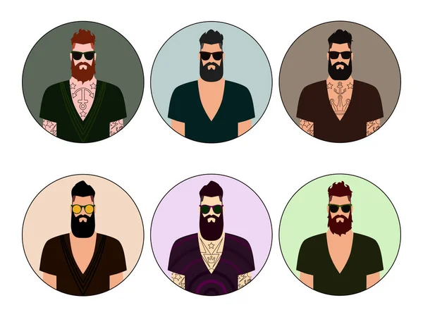 Conjunto Hipsters Hombres Con Gafas Sol Camisetas Cortes Pelo Barbas — Vector de stock