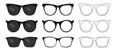 Set of glasses icons. Sunglasses and glasses for vision correction. Vector illustration isolated on a white background for design and web. clipart