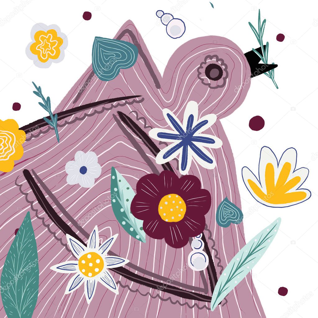 Stylized bird with flowers and plants. Children's illustration with a bird. Bird in abstract style with lines, waves, patterns. Bright children's illustration