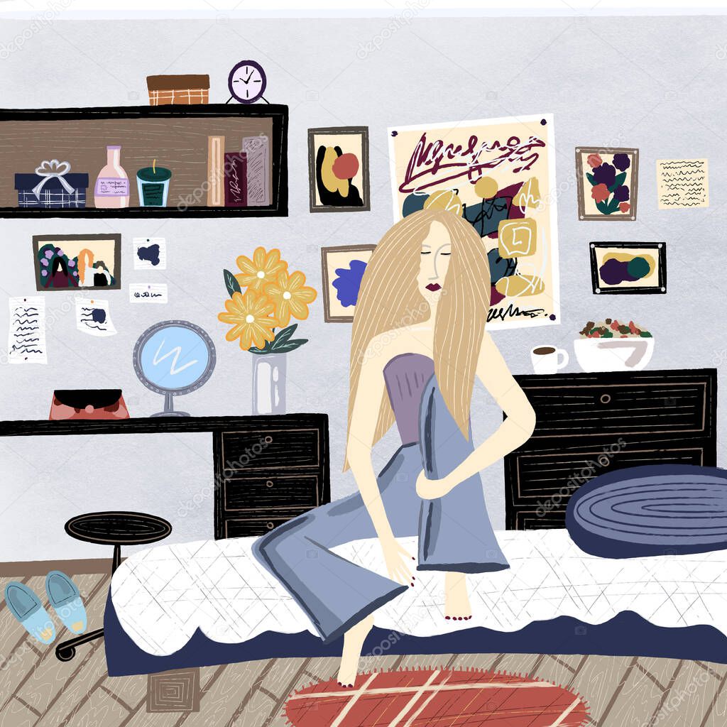 Illustration of a girl's room in the Scandinavian style. Young woman sitting on the bed in her room. Room with a girl, bed, table, chest of drawers, shelves, posters. Bright hand drawn illustration