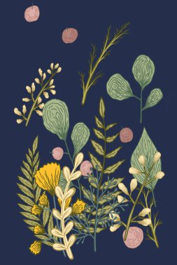Şekillendirilmiş bitkilerle parlak bir illüstrasyon. Yaprak, bitki, çiçek ve böğürtlen seti. Paketleme, tekstil, dekor, duvar kağıdı, internet ve baskı için yeşillik tasviri. Mavi arka planda yeşil, sarı, kahverengi bitkiler