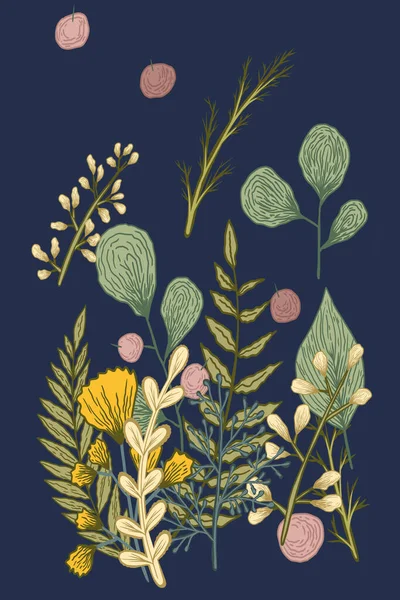 Jasná Ilustrace Stylizovanými Rostlinami Sada Listů Rostlin Květin Bobulí Ilustrace — Stock fotografie