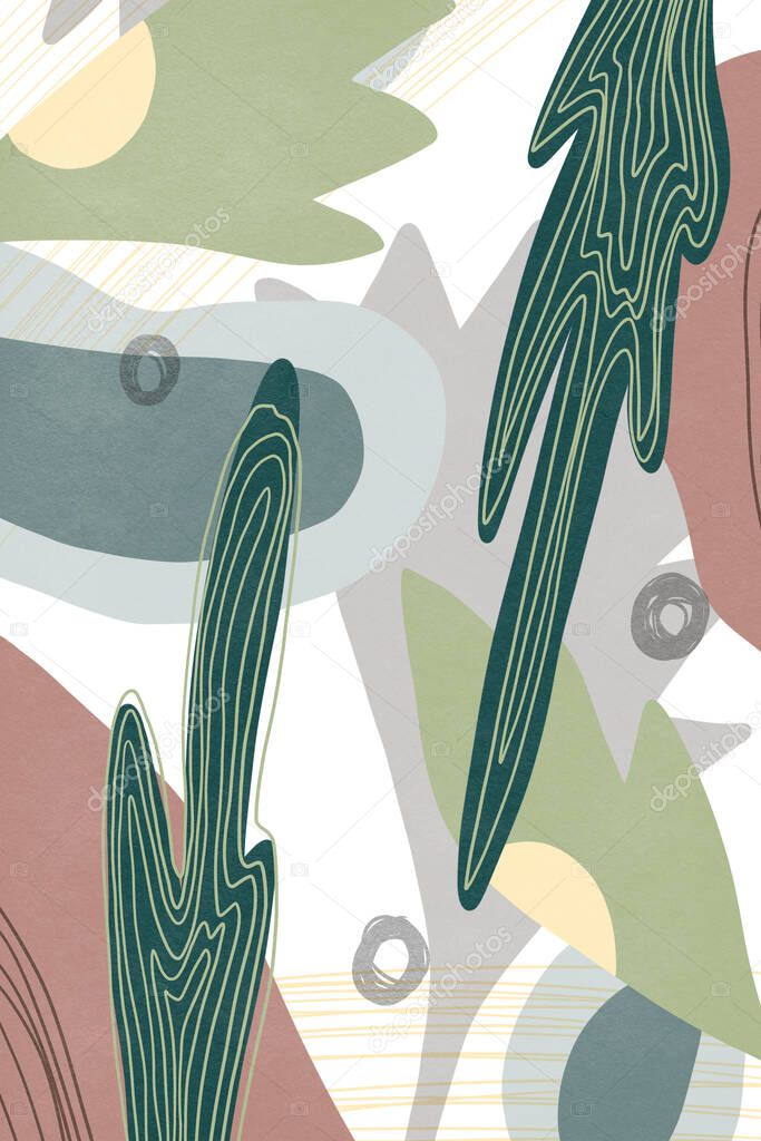 Hand drawn Illustration in pastel tones. Painted abstract leaves and shapes in modern abstract style. Great for decor, textiles, packaging, printing and the internet. Set of leaves, waves, shapes 