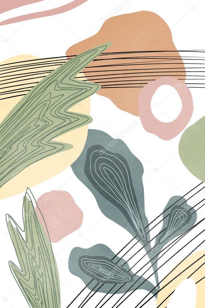 Hand drawn Illustration in pastel tones. Painted abstract leaves and shapes in modern abstract style. Great for decor, textiles, packaging, printing and the internet. Set of leaves, waves, shapes 