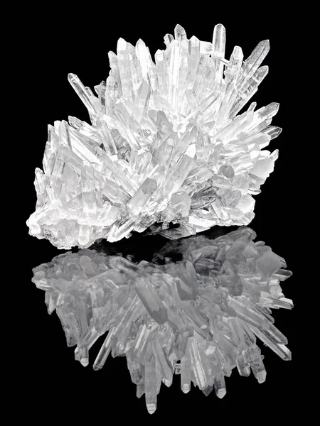 Pure Quartz Crystal cluster closeup on black background