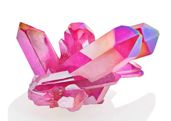 Increíble racimo de cristal de aura de titanio rosa de cuarzo colorido sobre fondo blanco, mineral de aura de ángel — Foto de Stock