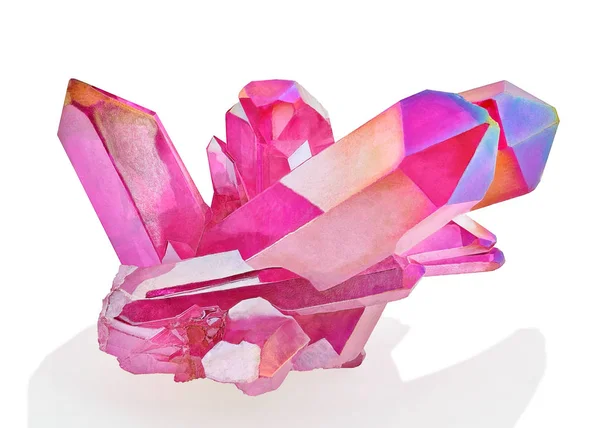 Fantastiska färgglada Quartz rosa Titan aura crystal kluster på vit bakgrund, Angel aura mineral — Stockfoto