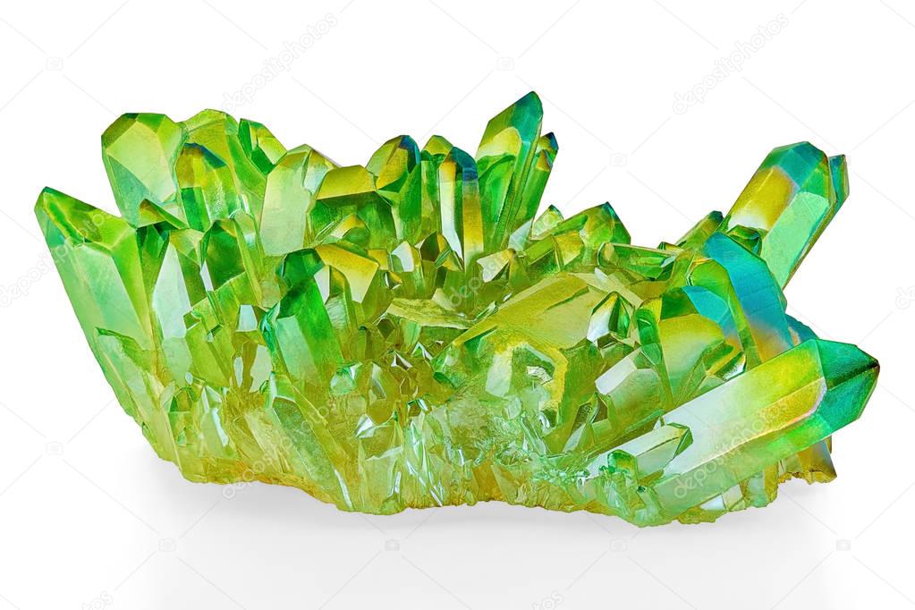 Rare shiny Green Quartz Titanium Aura Crystal cluster on white background
