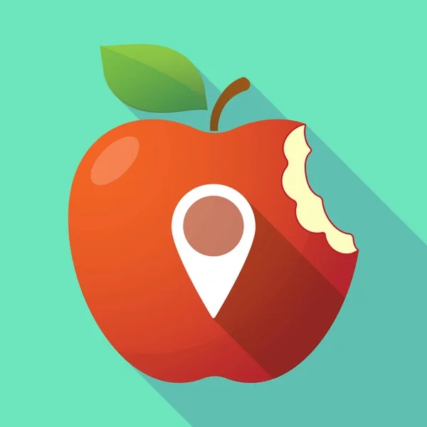 Long shadow apple fruit icon with a map mark — Stock Vector