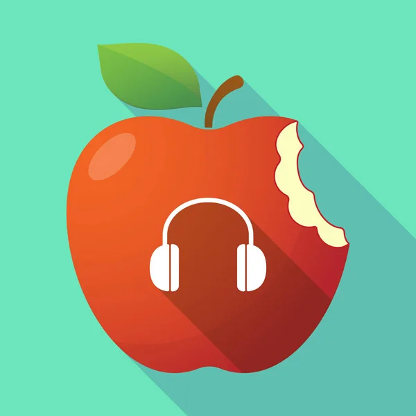 Long shadow apple fruit icon with a earphones — Stock Vector