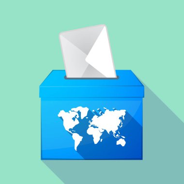 Uzun gölge renkli oy sandığı simgesi ile bir Dünya Haritası