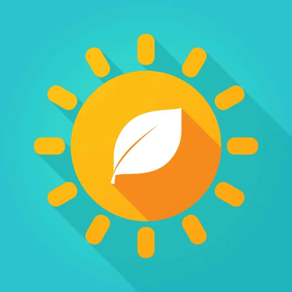 Long shadow bright sun icon with a leaf — Stock Vector