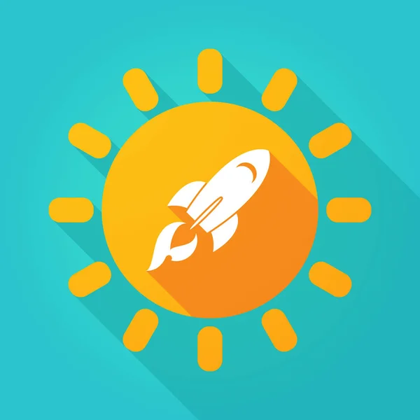 Icono de sol brillante de sombra larga con un cohete — Vector de stock