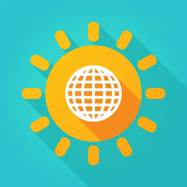 Longue ombre soleil brillant icône avec un globe mondial — Image vectorielle