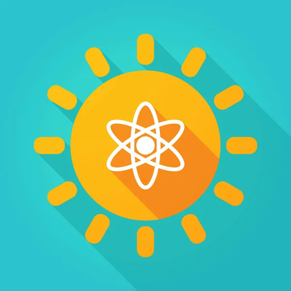 Long shadow bright sun icon with an atom — Stock Vector