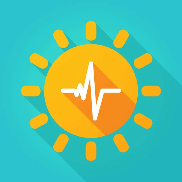 Lunga ombra luminosa icona del sole con un segno di battito cardiaco — Vettoriale Stock