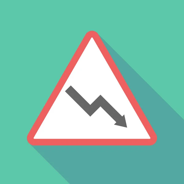 Ícone de sinal de aviso triangular de sombra longa com um gráfico descendente — Vetor de Stock
