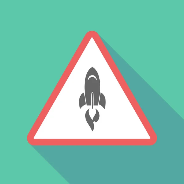 Ícone de sinal de aviso triangular de sombra longa com um foguete — Vetor de Stock