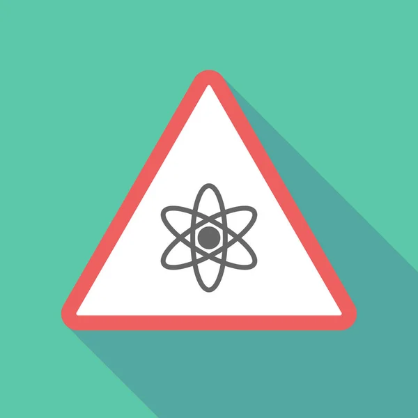 Long shadow triangular warning sign icon with an atom — Stock Vector