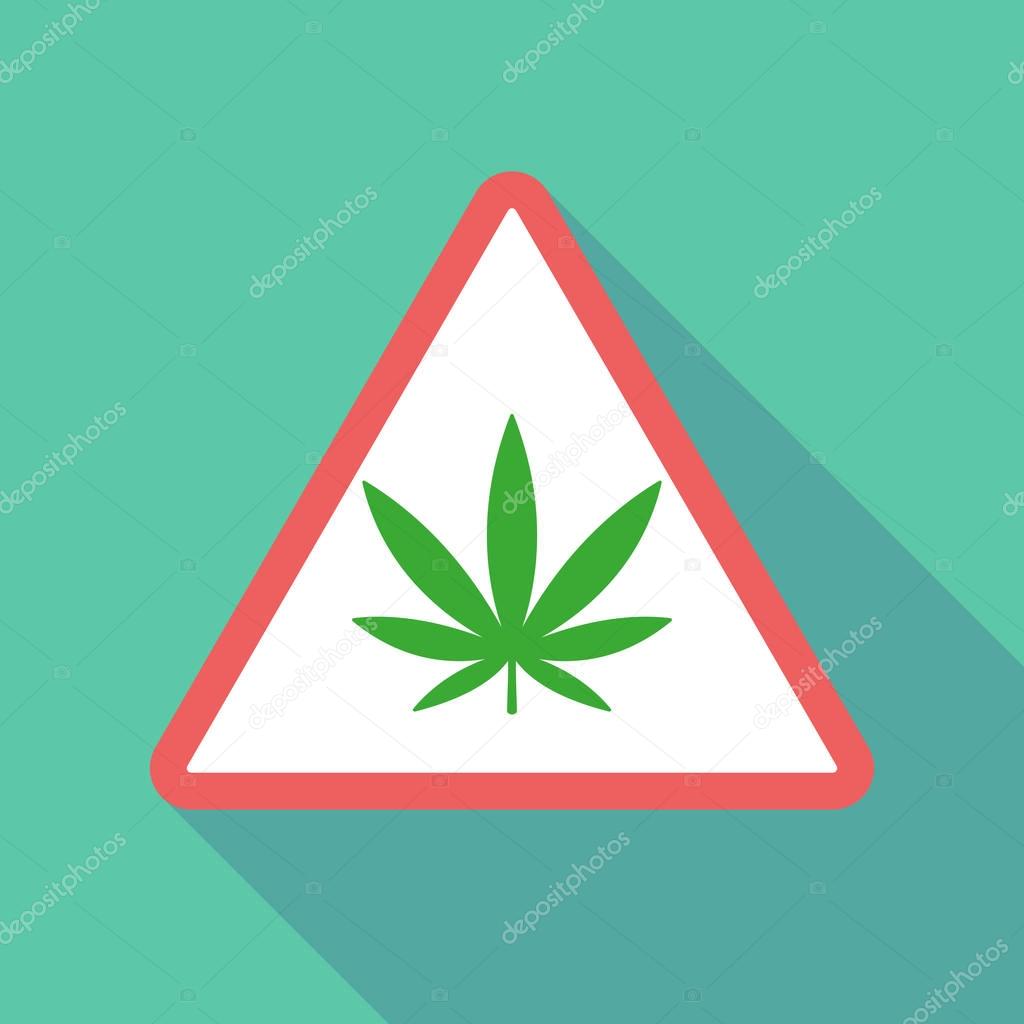 Long shadow triangular warning sign icon with a marijuana leaf