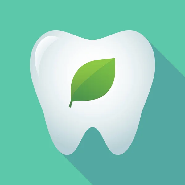 Långa skugga tand ikonen med ett grönt blad — Stock vektor