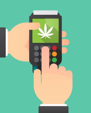 Bir dataphone marihuana yaprağı ile el