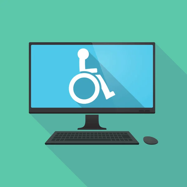 Long shadow pc with  a human figure in a wheelchair icon — Stock Vector