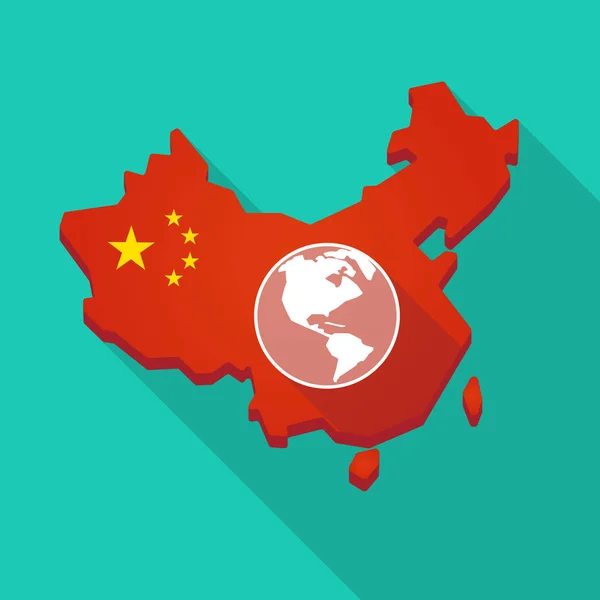 Lange schaduw China kaart met een Amerika regio wereldbol — Stockvector