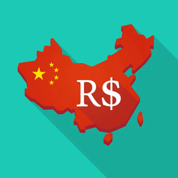 Lange schaduw China kaart met een brazillian echte valutateken — Stockvector
