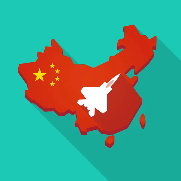 Lunga ombra Cina mappa con un aereo da combattimento — Vettoriale Stock