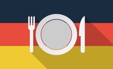 Uzun bir yemek, bıçak ve çatal simgesi ile gölge Almanya bayrağı