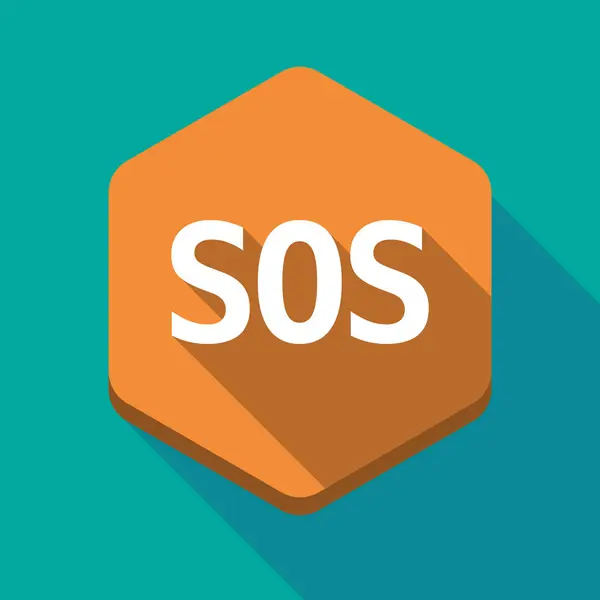 Long shadow hexagon with    the text SOS — Stock Vector