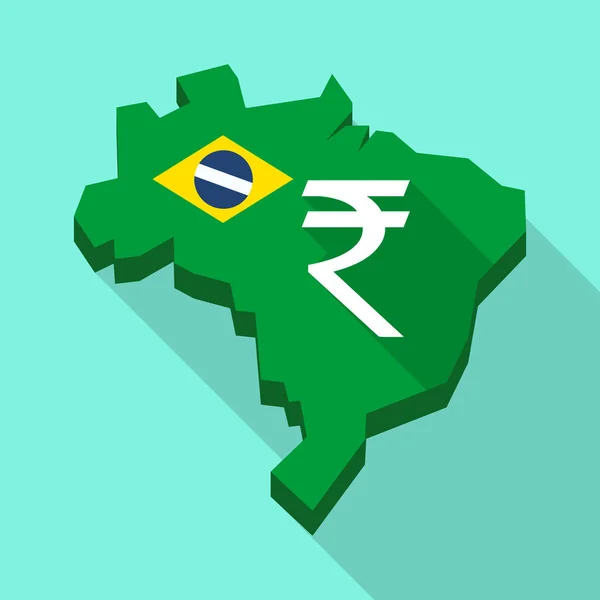 Long shadow map of Brazil with a rupee sign — Stock Vector