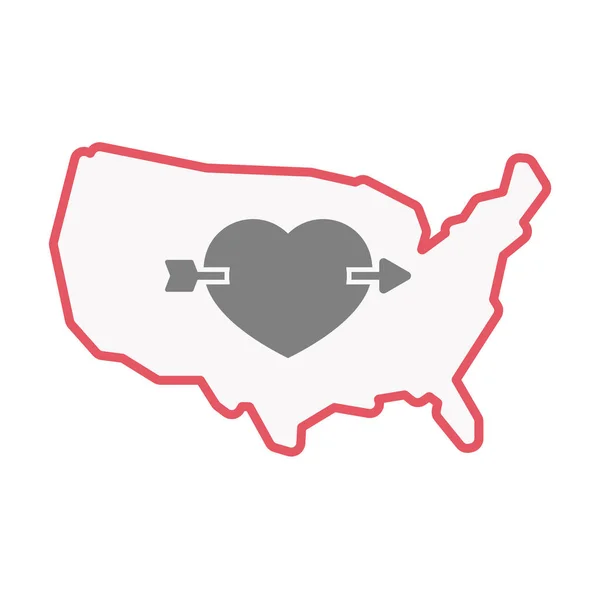 Izolovaná mapa Usa s srdce propíchnuté šípem — Stockový vektor