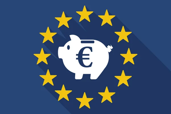 Bandeira da UE de longa sombra com uma moeda de euro numa caixa de dinheiro de um porquinho — Vetor de Stock