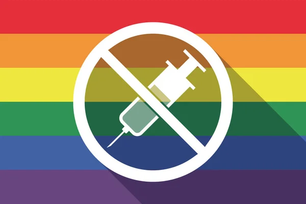 Long shadow gay pride flag with  a syringe  in a not allowed sig — Stock Vector
