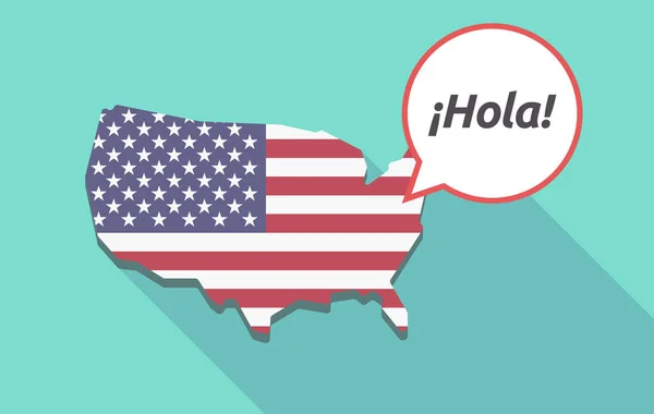 Dlouhý stín Usa mapa s textem Hello! ve španělském jazyce — Stockový vektor