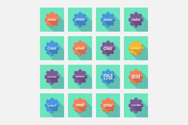 Set di ingranaggi con la parola ciao in diverse lingue — Vettoriale Stock