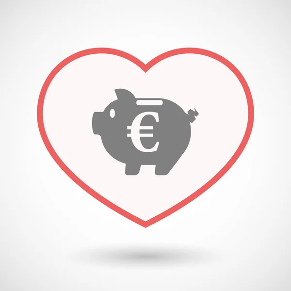Isolated line art heart with  an euro coin in a piggy bank money — Stock Vector
