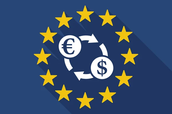 Bandeira da UE de sombra longa com um sinal de câmbio do dólar do euro — Vetor de Stock