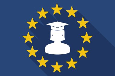 Uzun gölge AB bayrağı bir kadın mezun öğrenci ile