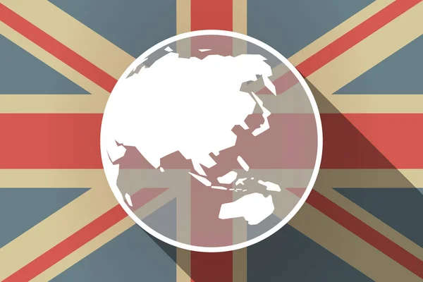 Lunga ombra Bandiera britannica con mappa del mondo Asia Pacifico — Vettoriale Stock