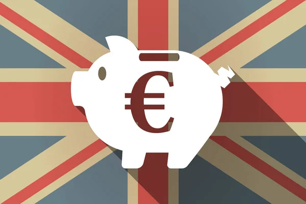 Lange schaduw Uk vlag met een euromunt in een spaarvarken moneybox — Stockvector