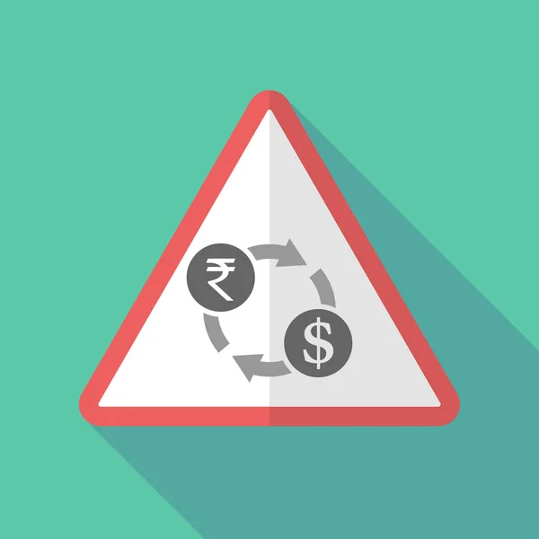 Långa skugga varningsskylt med en rupie och dollar exchange-skylt — Stock vektor
